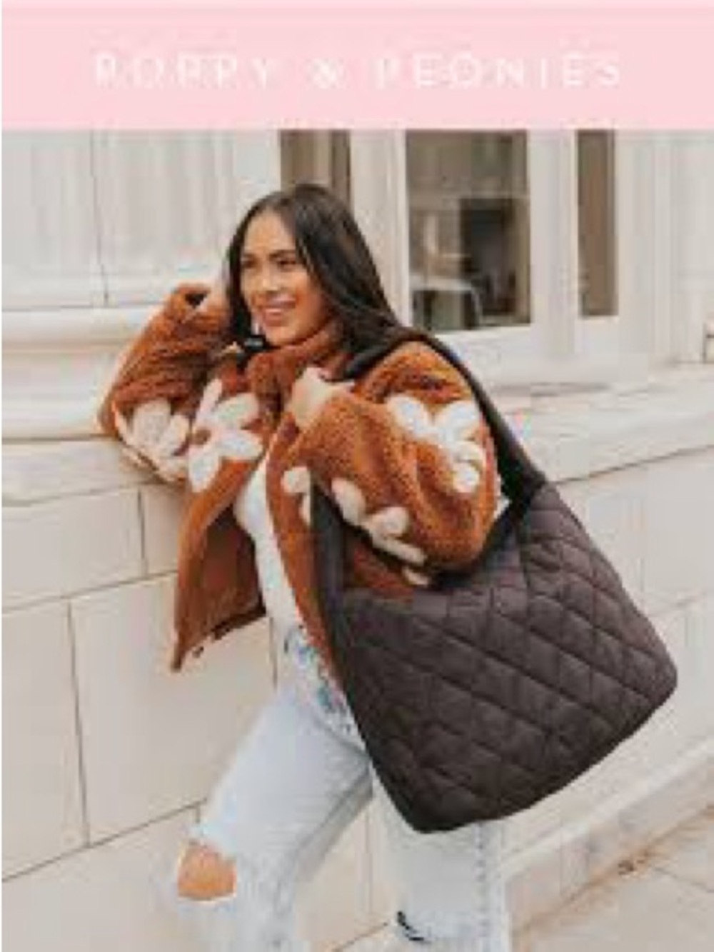 Poppy & Peonies Quilted Oversized Hobo Tote in Black